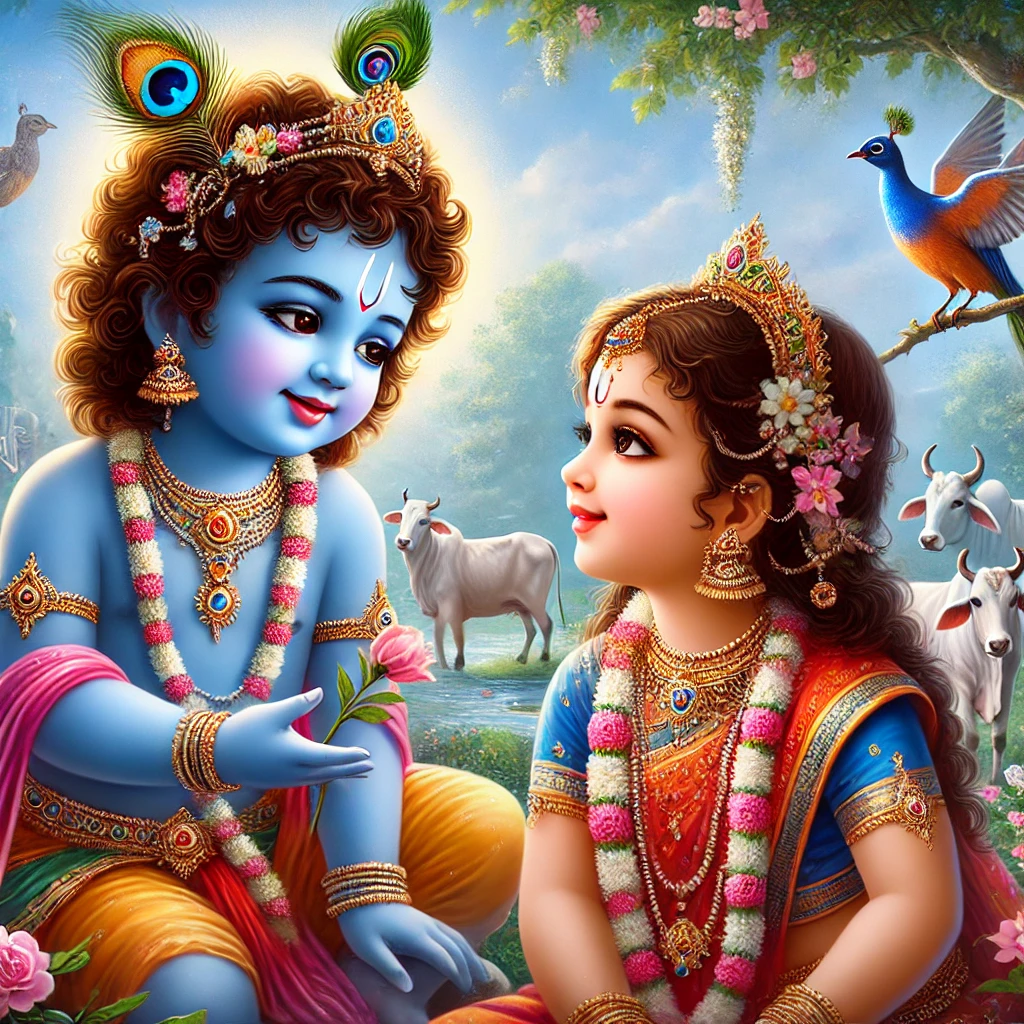 DALL·E 2025-03-11 15.40.46 - A beautifully divine depiction of child Lord Krishna (Bal Krishna) gazing lovingly at young Goddess Radha. Krishna, with his radiant blue skin, curly